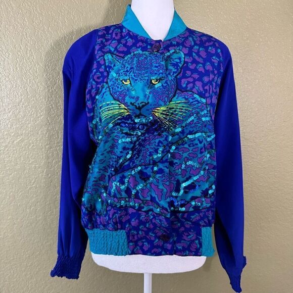Diane Gilman Women's S Maximalist Silk Bomber Jacket Leopard Vibrant Blue Sequin - Picture 1 of 6